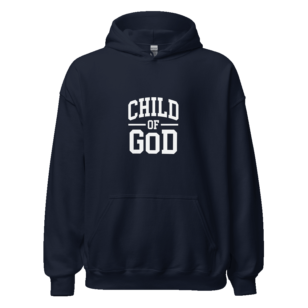 Unisex Child of God Hoodie with faith-based text design, in premium cotton blend, shown on hanger for streetwear styling