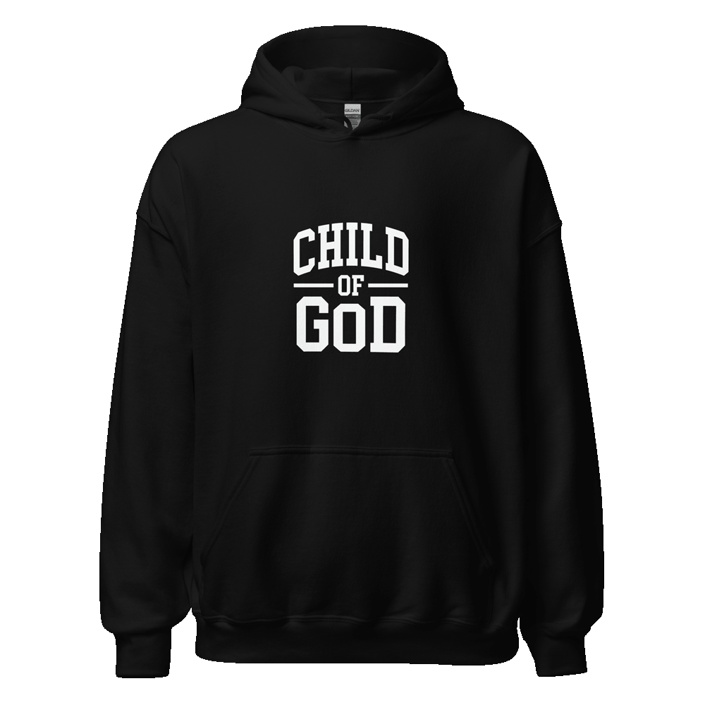 Unisex Child of God Hoodie with faith-based text design, in premium cotton blend, shown on hanger for streetwear styling