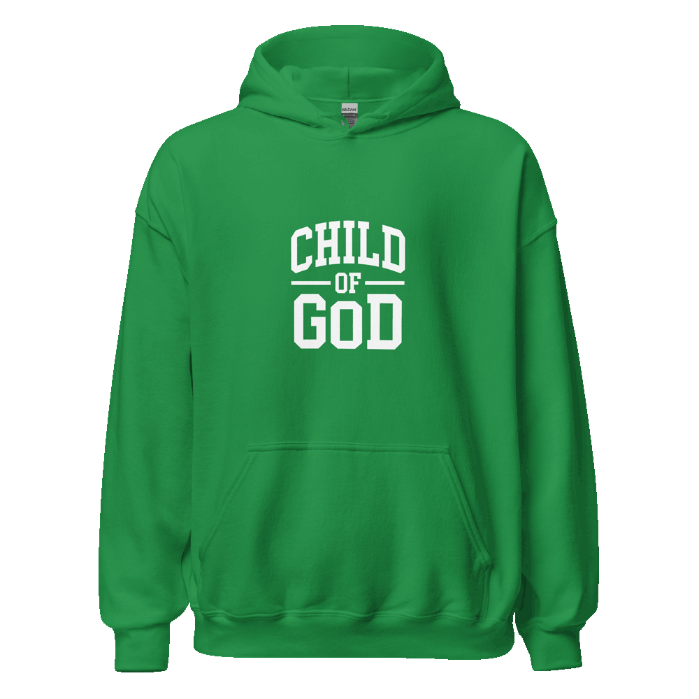 Unisex Child of God Hoodie with faith-based text design, in premium cotton blend, shown on hanger for streetwear styling