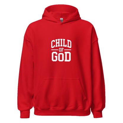 Unisex Child of God Hoodie with faith-based text design, in premium cotton blend, shown on hanger for streetwear styling