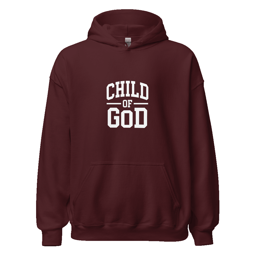 Unisex Child of God Hoodie with faith-based text design, in premium cotton blend, shown on hanger for streetwear styling