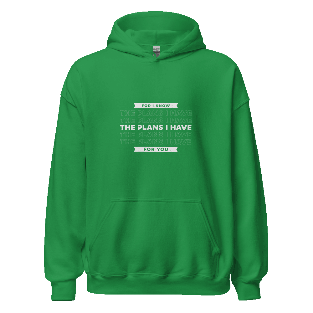 Unisex For I Know the Plans Hoodie with faith-inspired Jeremiah 29:11 design in eco-friendly cotton blend, displayed for faith-based streetwear