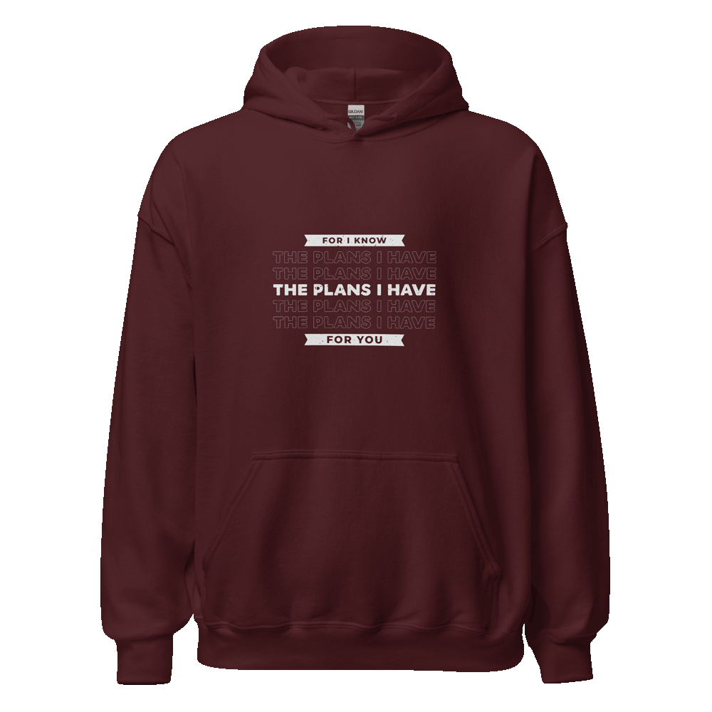 Unisex For I Know the Plans Hoodie with faith-inspired Jeremiah 29:11 design in eco-friendly cotton blend, displayed for faith-based streetwear