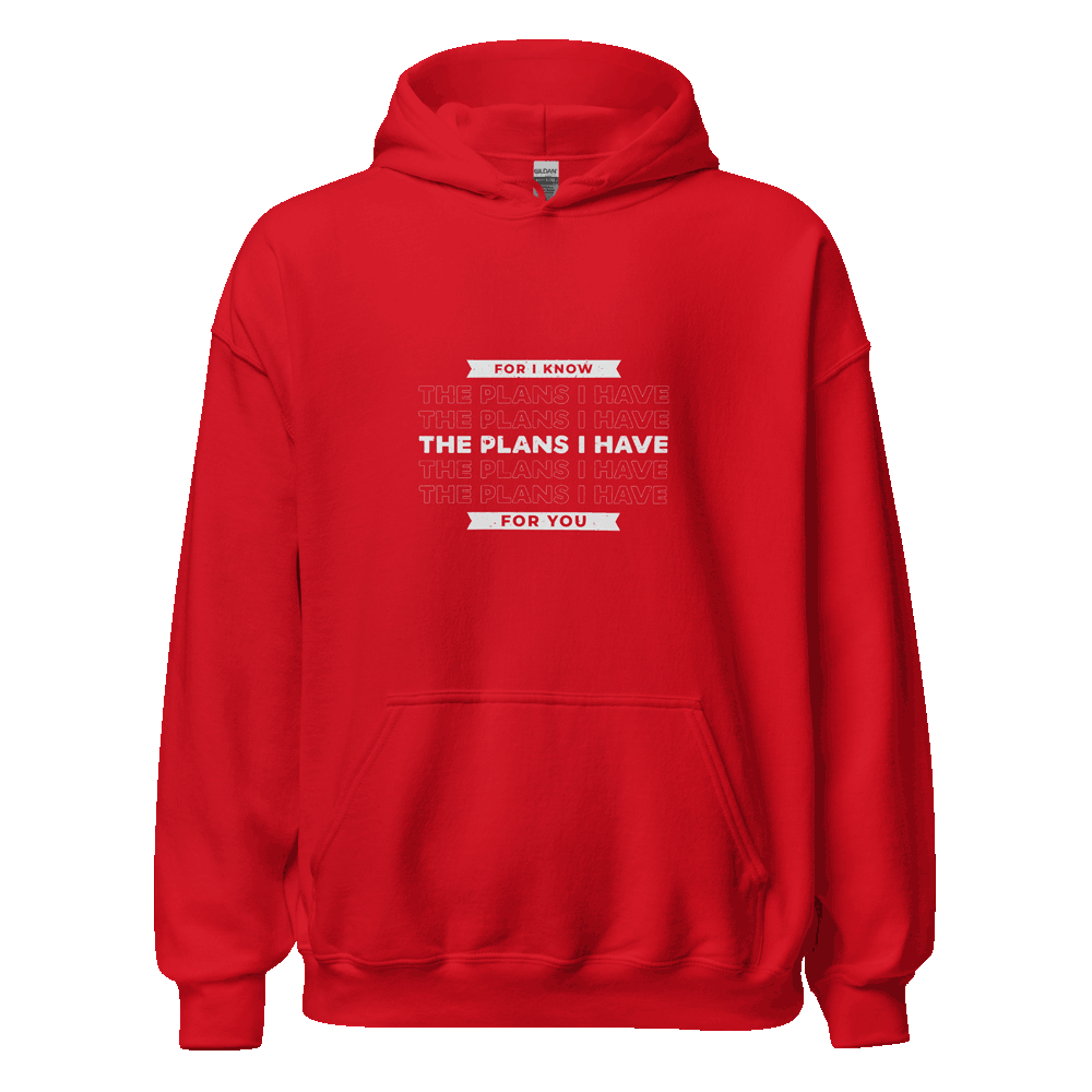 Unisex For I Know the Plans Hoodie with faith-inspired Jeremiah 29:11 design in eco-friendly cotton blend, displayed for faith-based streetwear