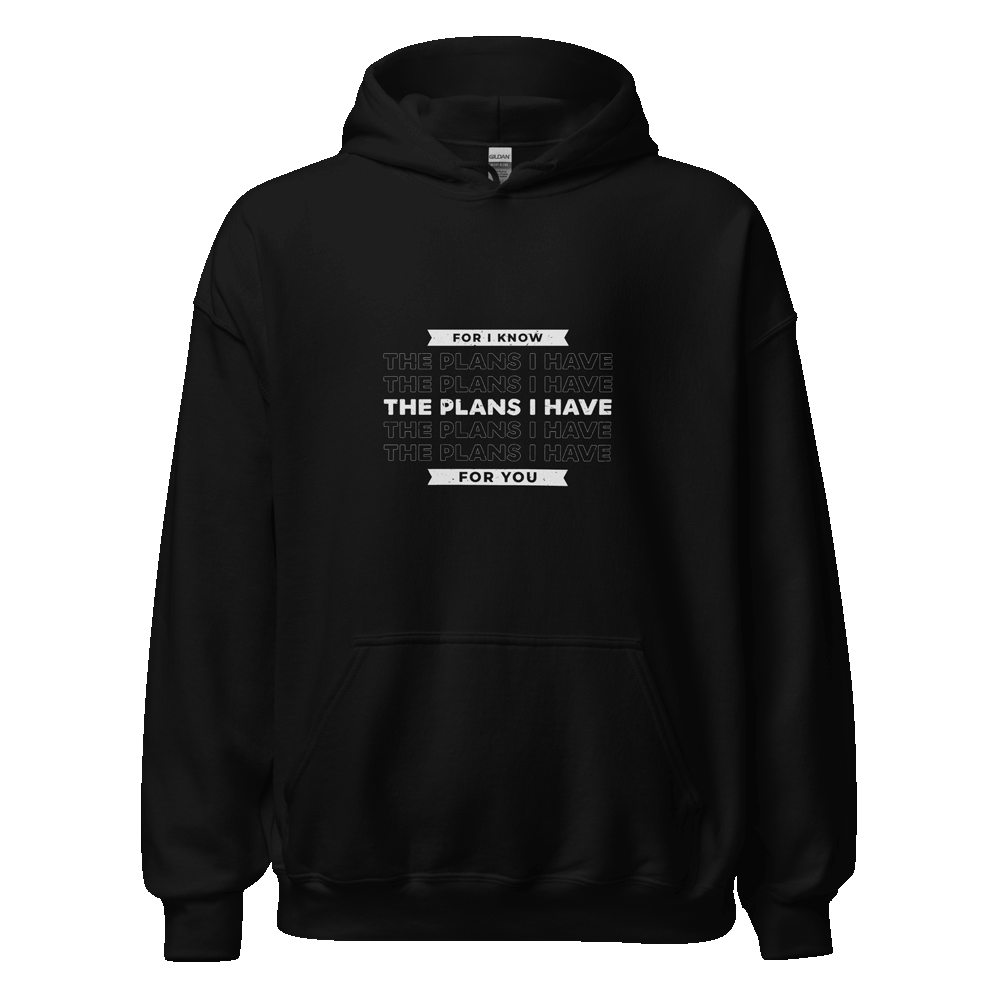 Unisex For I Know the Plans Hoodie with faith-inspired Jeremiah 29:11 design in eco-friendly cotton blend, displayed for faith-based streetwear