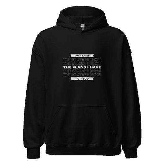 Unisex For I Know the Plans Hoodie with faith-inspired Jeremiah 29:11 design in eco-friendly cotton blend, displayed for faith-based streetwear