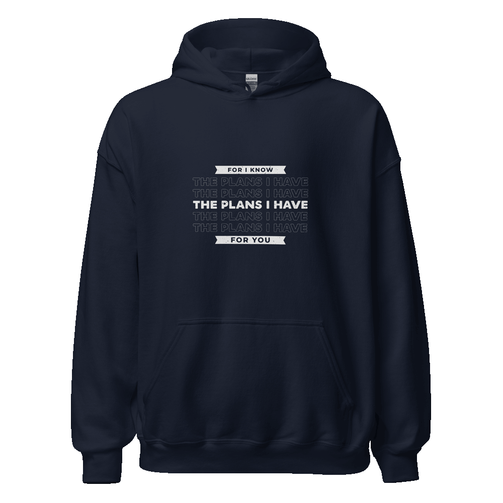 Unisex For I Know the Plans Hoodie with faith-inspired Jeremiah 29:11 design in eco-friendly cotton blend, displayed for faith-based streetwear