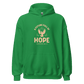 Unisex Future Full of Hope Hoodie in eco-friendly cotton blend, featuring embroidered design on chest, displayed on hanger