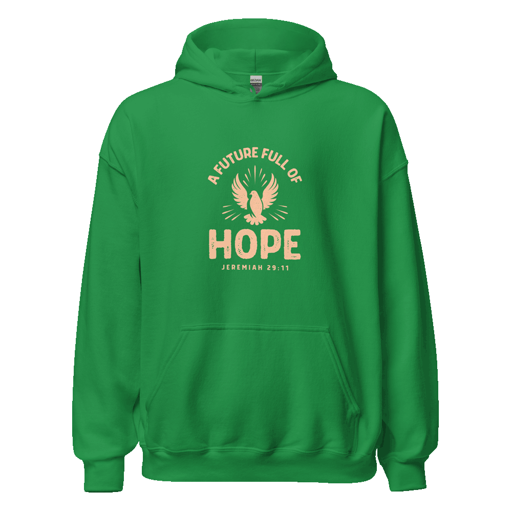 Unisex Future Full of Hope Hoodie in eco-friendly cotton blend, featuring embroidered design on chest, displayed on hanger