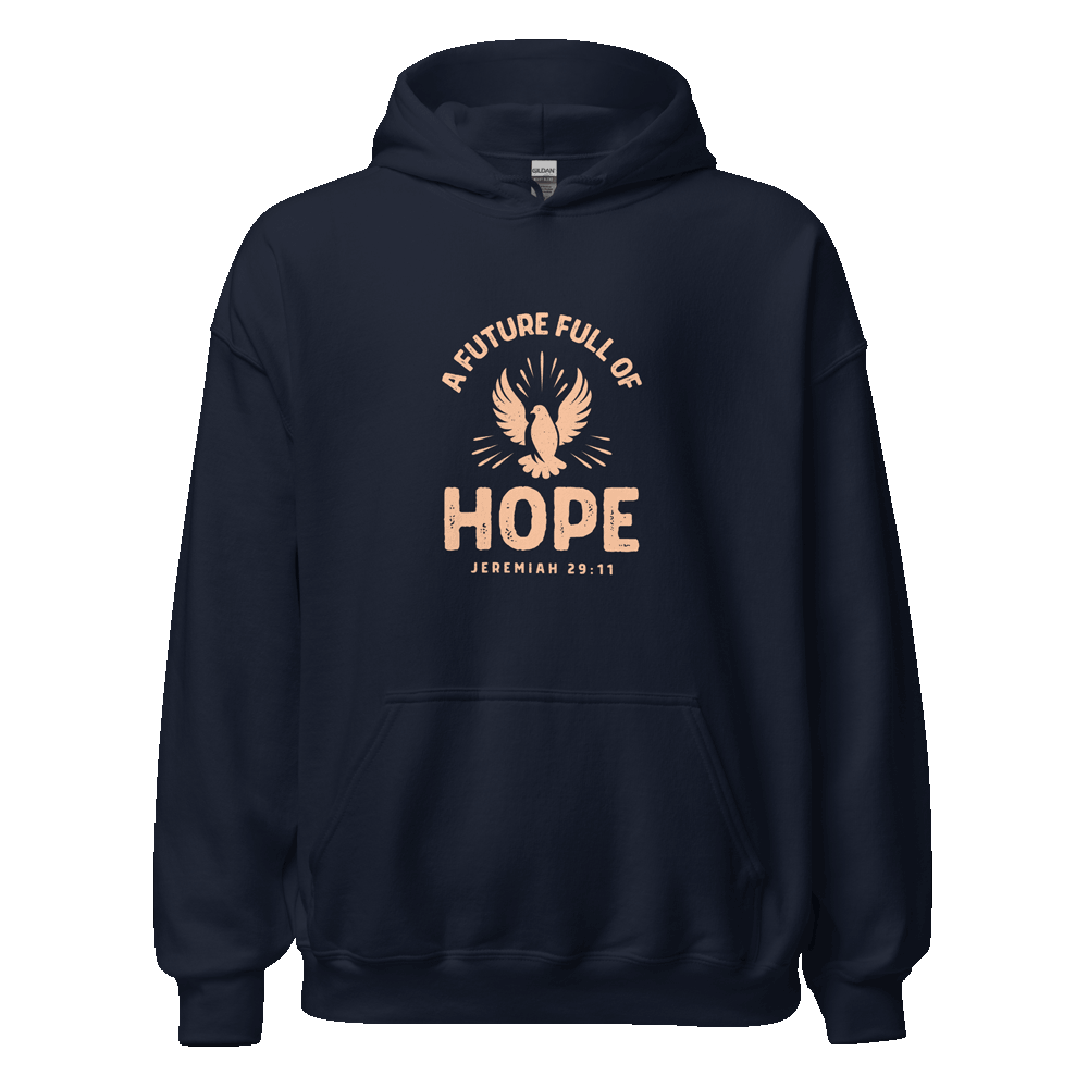 Front view of unisex Future Full of Hope Hoodie in eco-friendly cotton blend with embroidered design