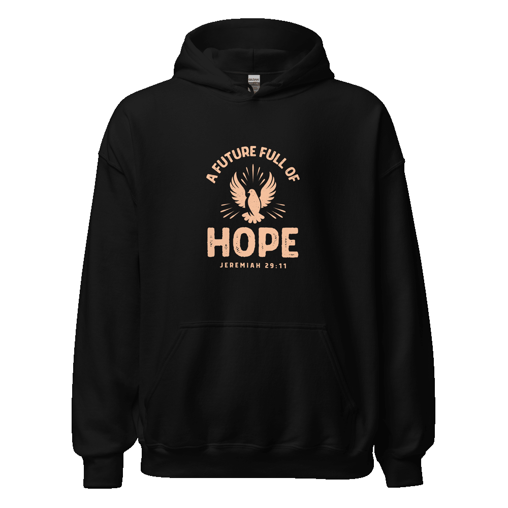 Unisex Future Full of Hope Hoodie in eco-friendly cotton blend, featuring embroidered design on chest, displayed on hanger