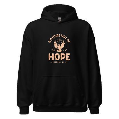 Unisex Future Full of Hope Hoodie in eco-friendly cotton blend, featuring embroidered design on chest, displayed on hanger