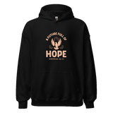 Unisex Future Full of Hope Hoodie in eco-friendly cotton blend, featuring embroidered design on chest, displayed on hanger