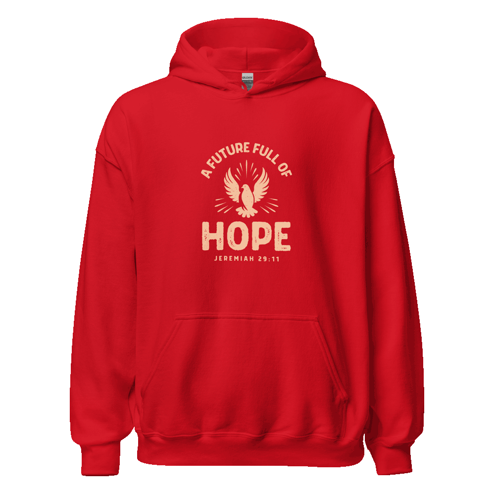 Front view of unisex Future Full of Hope Hoodie in eco-friendly cotton blend with embroidered design