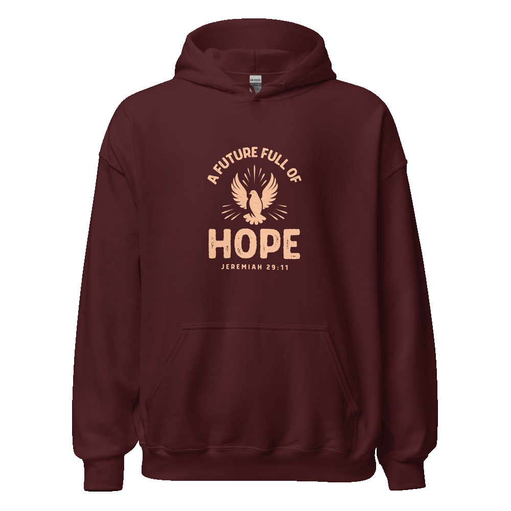 Front view of unisex Future Full of Hope Hoodie in eco-friendly cotton blend with embroidered design