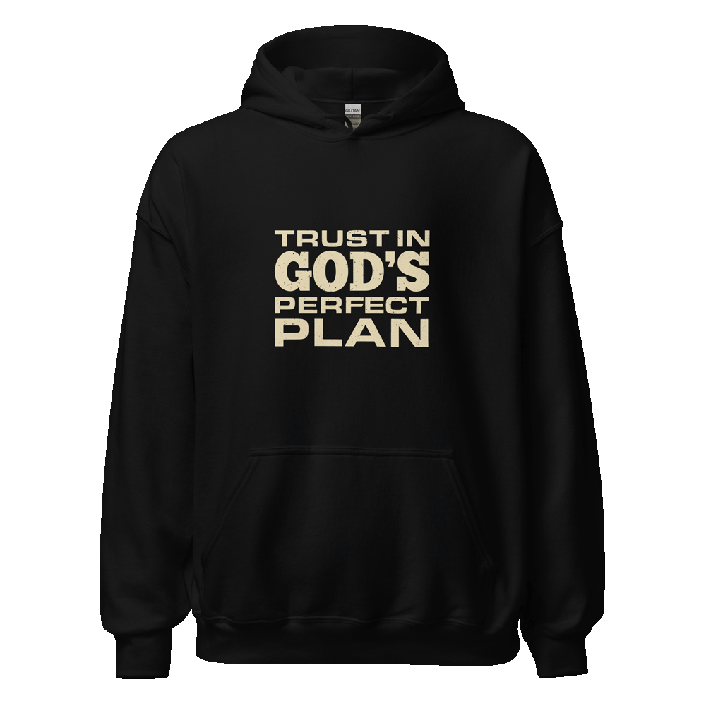 Unisex Trust in God's Perfect Plan Hoodie with faith-inspired message in eco-friendly cotton blend, ideal for casual, faith-based style.