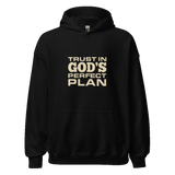 Unisex Trust in God's Perfect Plan Hoodie with faith-inspired message in eco-friendly cotton blend, ideal for casual, faith-based style.